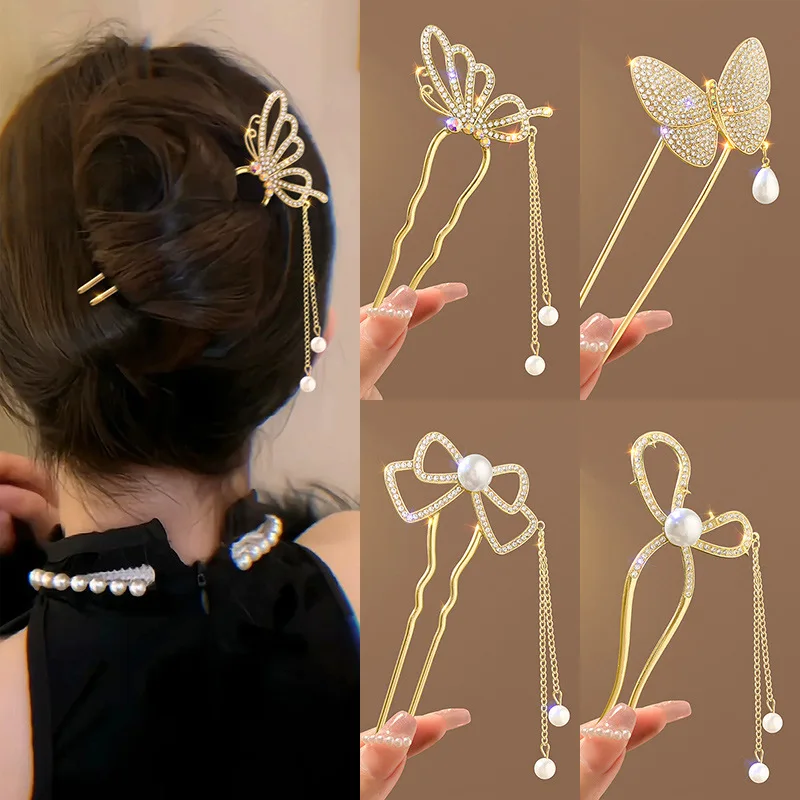 Pearl Hair Pin - 앤틱 스타일 진주 라인스톤 고급 U자형