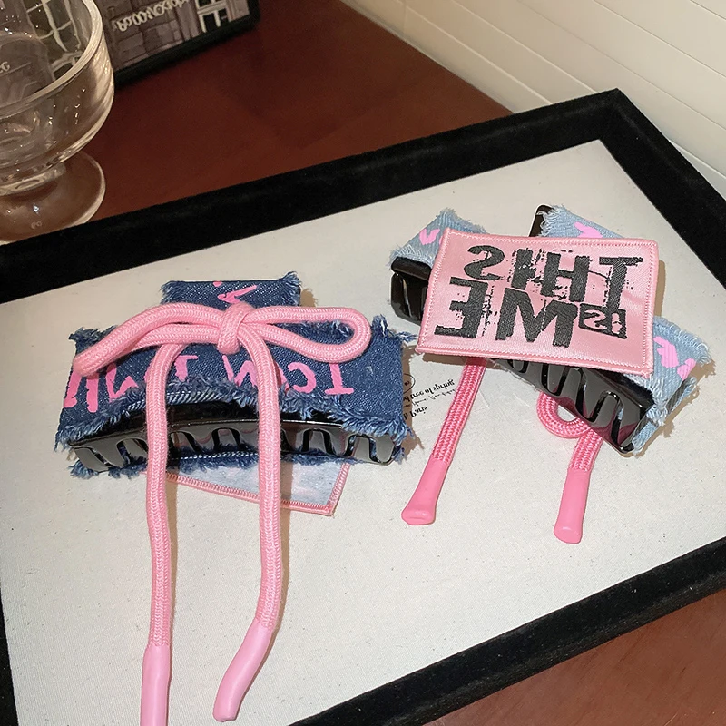 여성용 진 레터링 핑크 블루 패브릭 리본 헤어 클립 1 - Women'S Jeans Accessories 리뷰 및 가격