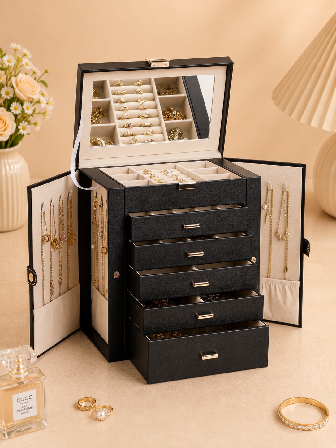 1PC 대형 6단 PU 가죽 보석함(거울 포함), 목걸 - Women Accessories Drawer 리뷰 및 가격